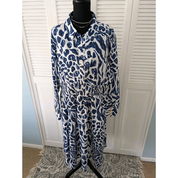 Girl Soul Dress Women's 3X Abstract Blue White Print Western Fit & Flare Midi - Picture 1 of 12